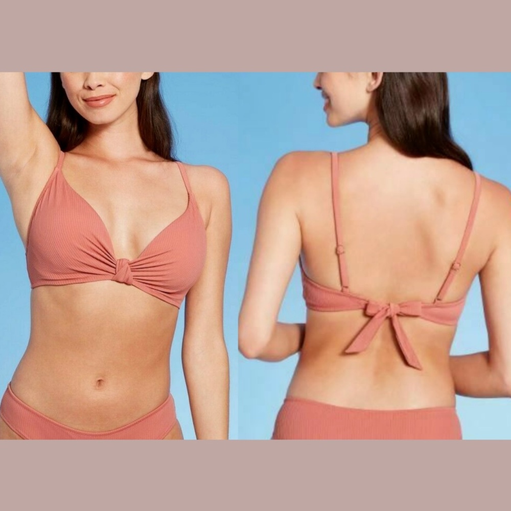NWT Shade & Shore [ 34B ] Knot-Front Ribbed Triangle Bikini‎ Top in Clay